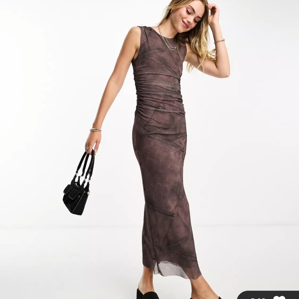 Stradivarius mesh midi dress in denim print